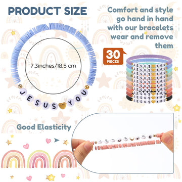 Landical 30 Pcs Jesus Loves You Bracelets Bulk Friendship Bracelets Clay Bead Christian Bracelets for Valentine Kids Religious J