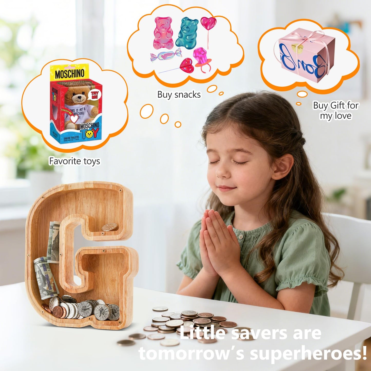 Wooden Letter Piggy Bank for Kids  Initial Coin Bank for Boys and Girls  First Name Personalized Savings Bank for Birthday Boys Girls Gift Piggy Bank for Kids (Wood  S9-G)