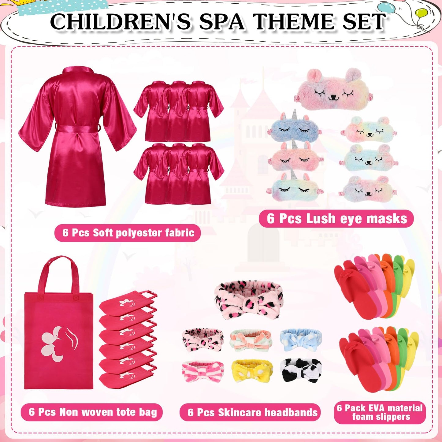 Shihanee 30 Pcs Spa Party Supplies For Girls, 6 Satin Robe 6 Kids Slippers Sleepover Birthday Spa Party Favors (Rose Red)