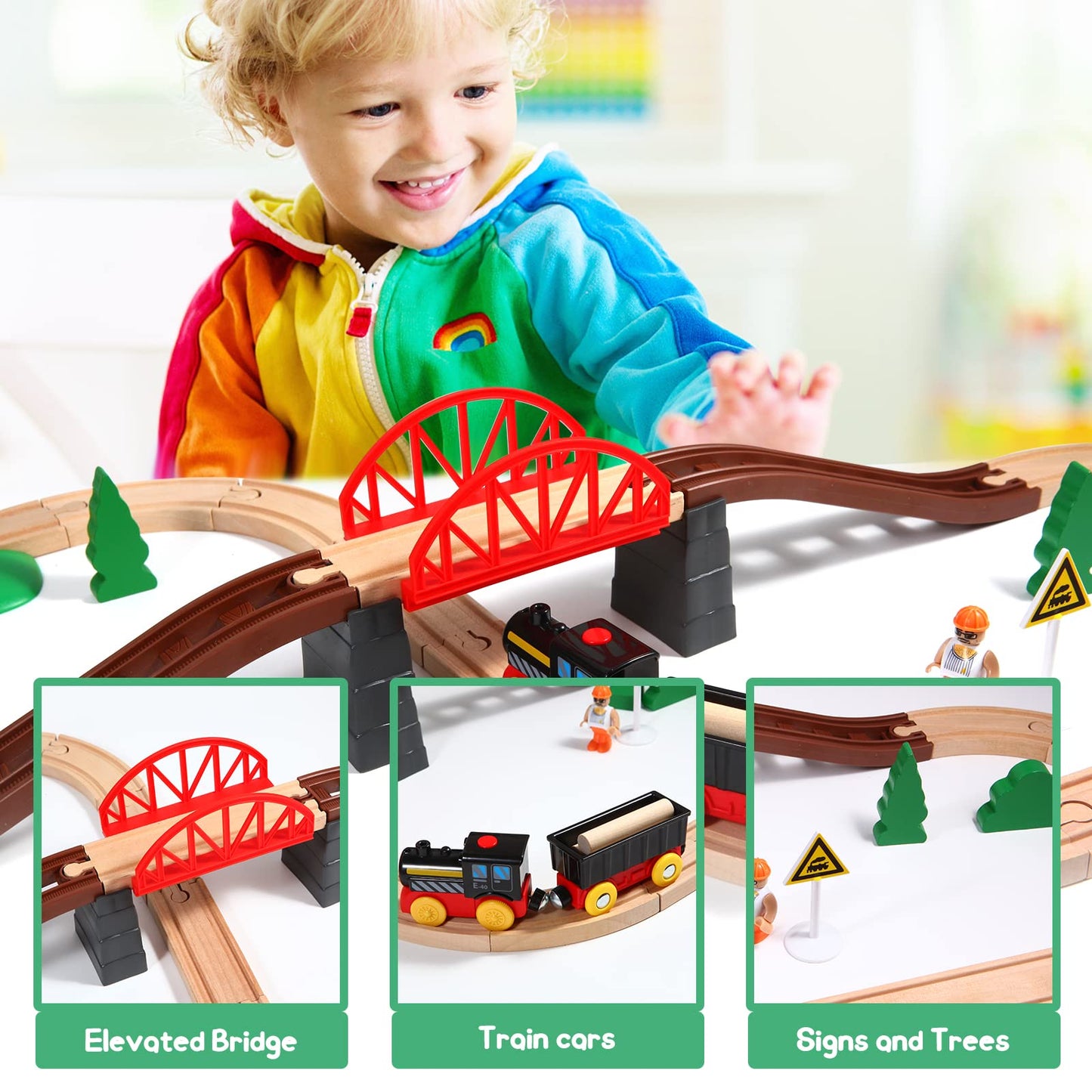 Asweets Wooden Train Set For Toddler,40 Piece With Train Track Electric Operated Fits Thomas,Brio,Melissa And Doug Magnet Batter