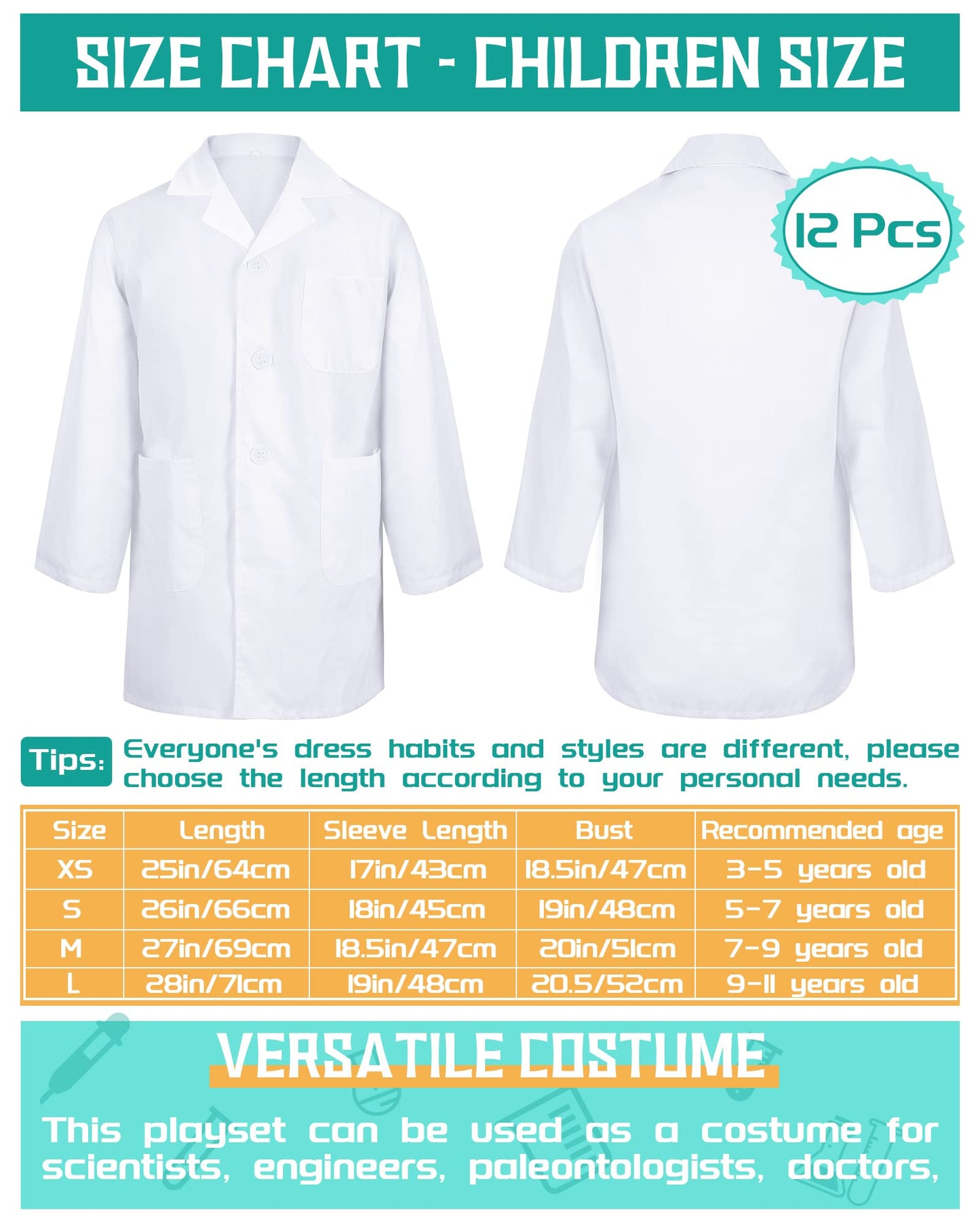Seajan 12 Pcs Unisex Kids Lab Coat Bulk Soft Kids Scrubs White Doctor Coat Scientist Halloween Costume For Boys And Girls (M Siz