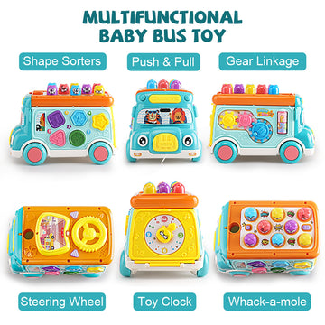 Music Activity Bus Baby Toy, Infant Education Learn Car, Sound & Light, Interactive Game, Shape Sorter, Animal Matching, Holiday Birthday Present For Toddler Kid Boy Girl 3 4 5 6 7 Years (Blue)