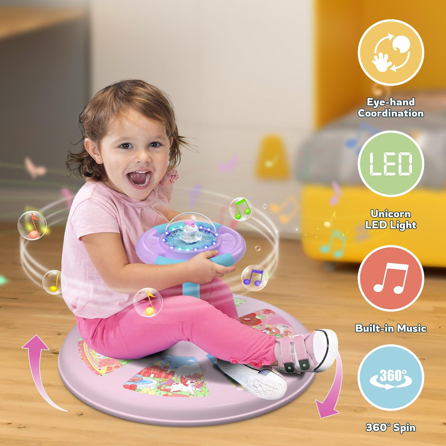 Perryhome Unicorn Twist Sit And Spin Toys For Toddlers 18+ Months, 360° Spin Twister Twist With 4 Game Modes Led Light And Built-In Bgm, Christmas & Birthday Gift Ideas For Kids Girls 18+ Months
