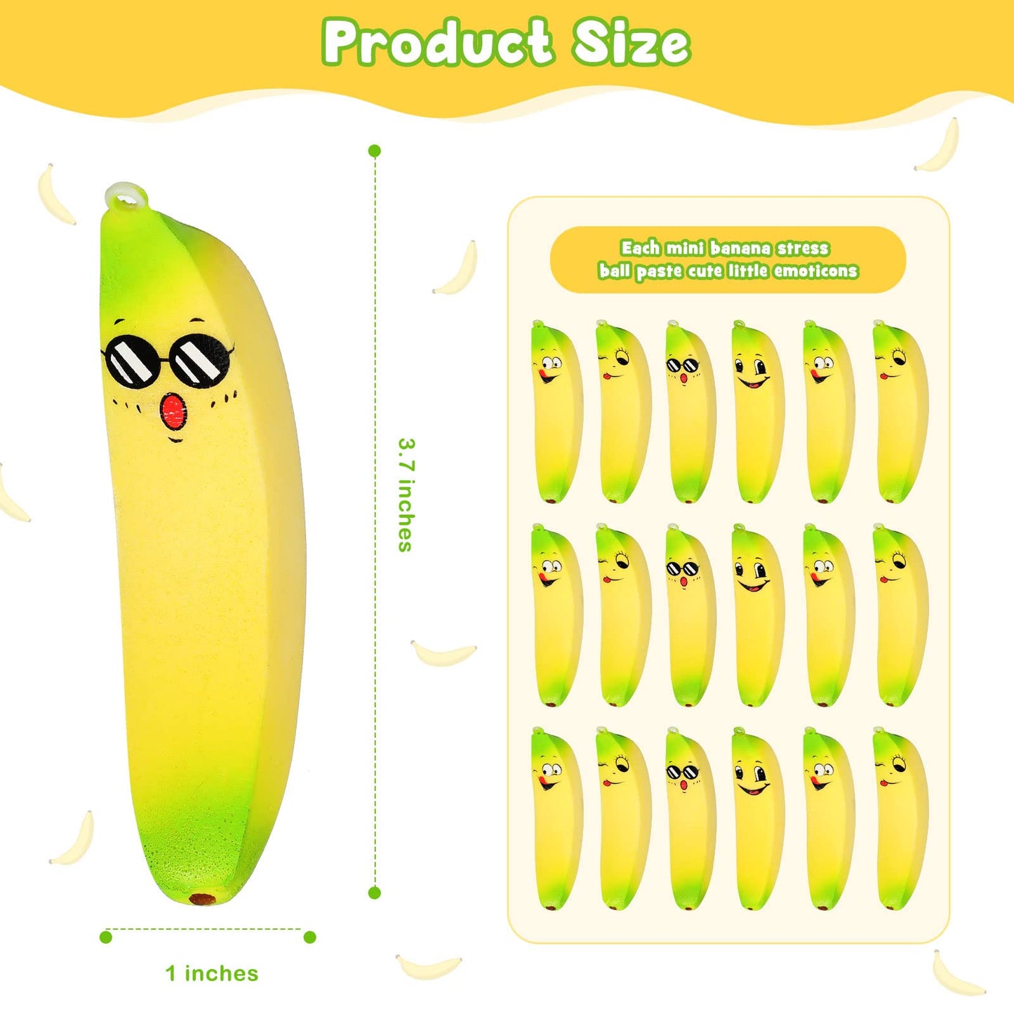 16 Pcs 3.7 Inch Banana Stress Toys Banana Stretchy Balls with Emotions PU Stress Relief Toy Soft mature-themed Sensory Toys for Relief Party Favors Bag Fillers