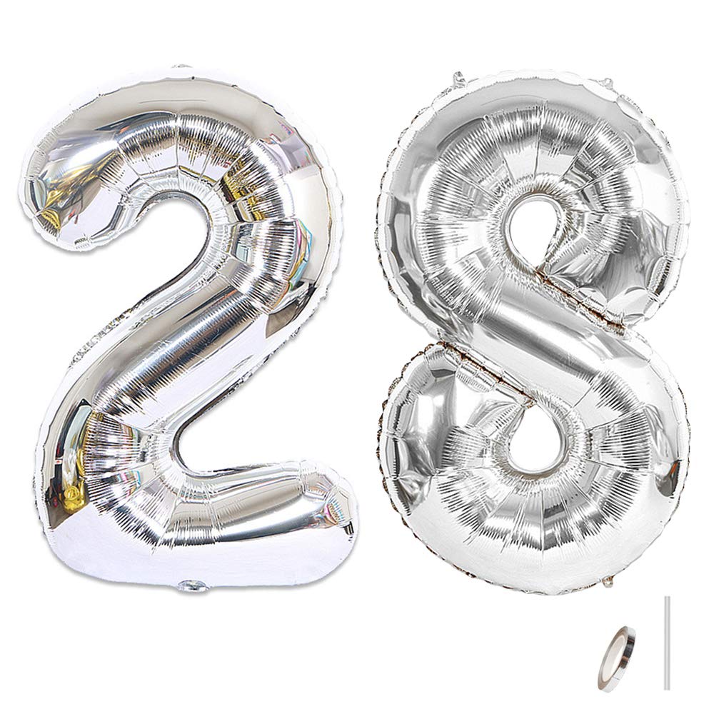 2Pcs 40 Inch Number Balloon Foil Balloons Number 28 Jumbo Giant Balloons Prom Balloon Mylar Huge Number Balloon For Birthday Party Decoration Wedding Anniversary, Xxxl Silver 28 Number Balloon