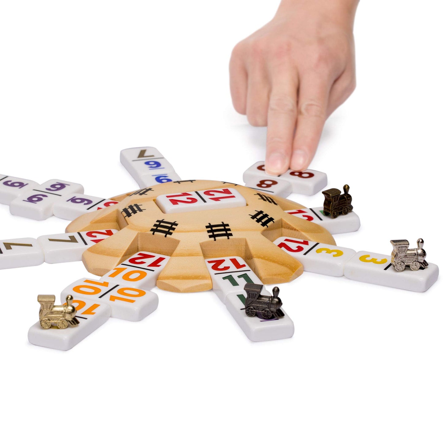 Yellow Mountain Imports Mexican Train Complete Set With Double 12 Number Dominoes, Wooden Hub, Die Cast Train Markers, And Scorepad