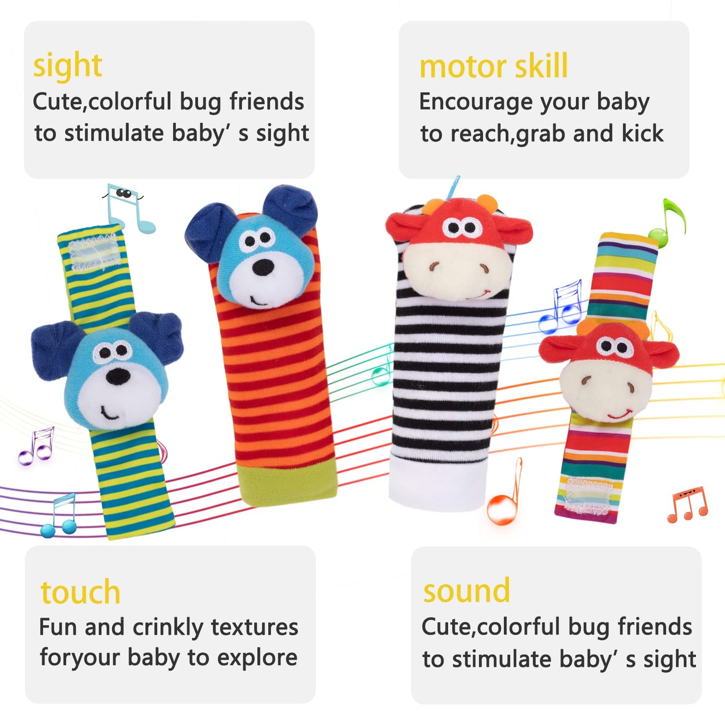 Padonise 4 Pack Baby Wrist Rattles Rattle Socks Set Baby Socks Animals Development Toys For Toddlers 1-3 Early Learning Toys For Babies Infant Sensory Toys Newbron Gift Set Birth Gifts For Baby