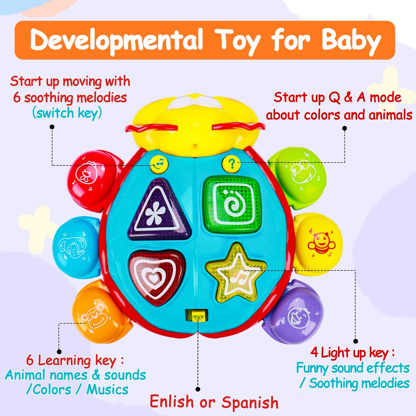 Baby Crawling Toy 6 To 12 Months Spanish English Bilingual Learning Toy For Infants 0-3-6 7 8 9 10 12-18 Months Educational Musical Light Up Toy 1 Year Old Boy Girl Gift Toddler Ladybug Tummy Time