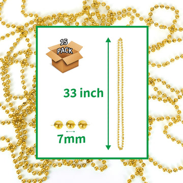 YAXINRUI 33 Inch 7 mm Metallic Gold Bead Necklaces, 15pcs Mardi Gras Beads Bulk Round Beaded Necklaces Costume Necklace for Mard