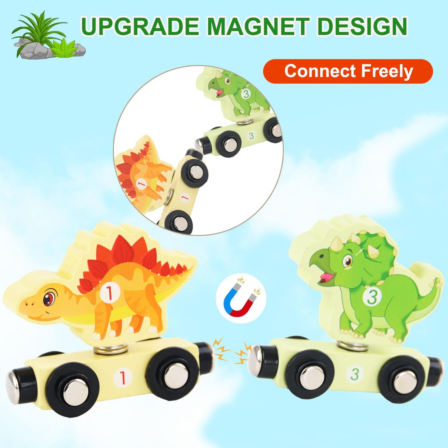Yzata Magnetic Wooden Dinosaur Train Set Montessori Preschool Educational Car Toys For Baby Toddlers Infants Boys Birthday Gifts