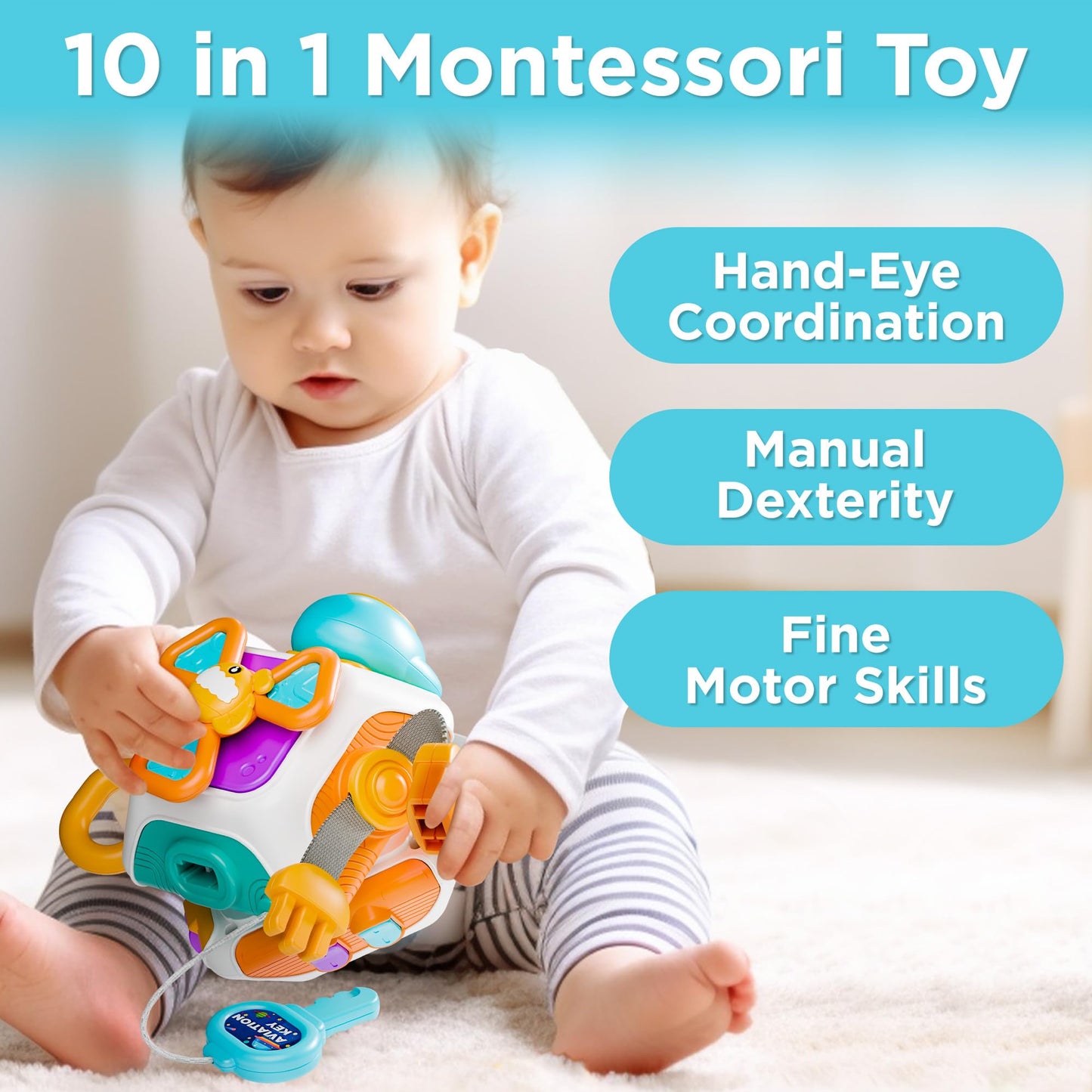 iPlay, iLearn 10-in-1 Baby Busy Board Cube, Montessori Sensory Toy for Toddlers, Medium Size, Plastic, Ideal for Ages 1-3