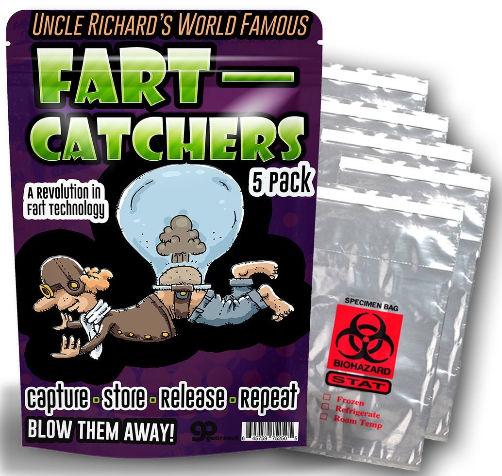 Gears Out Fart Catchers – 5 Pack – Funny Gag Gifts For Men – Silly Gifts – Biohazard Bags – Gifts For Teens – Silly Stocking Stuffers - Funny Butt Gifts