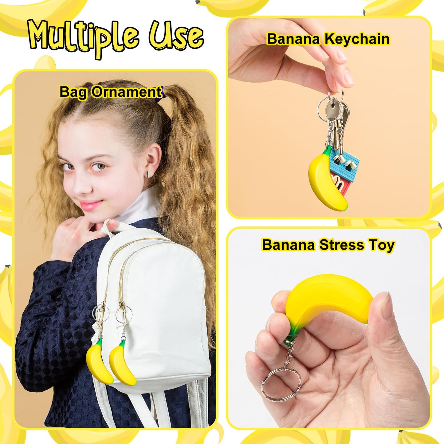 LBSXQGS 24Pcs Banana Keychains Stress Toy  Mini Banana Relief Toy  PU Banana Toy for Stress Relief Kids mature-themeds Birthday Party Favors School Supplies