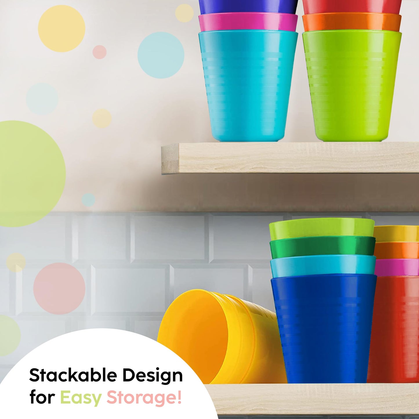 PLASKIDY Kids Cups - Set of 18 Plastic Toddler Cups 8 Ounce Children Drinking Cups Tumblers 9 Assorted Colors - Reusable Dishwas