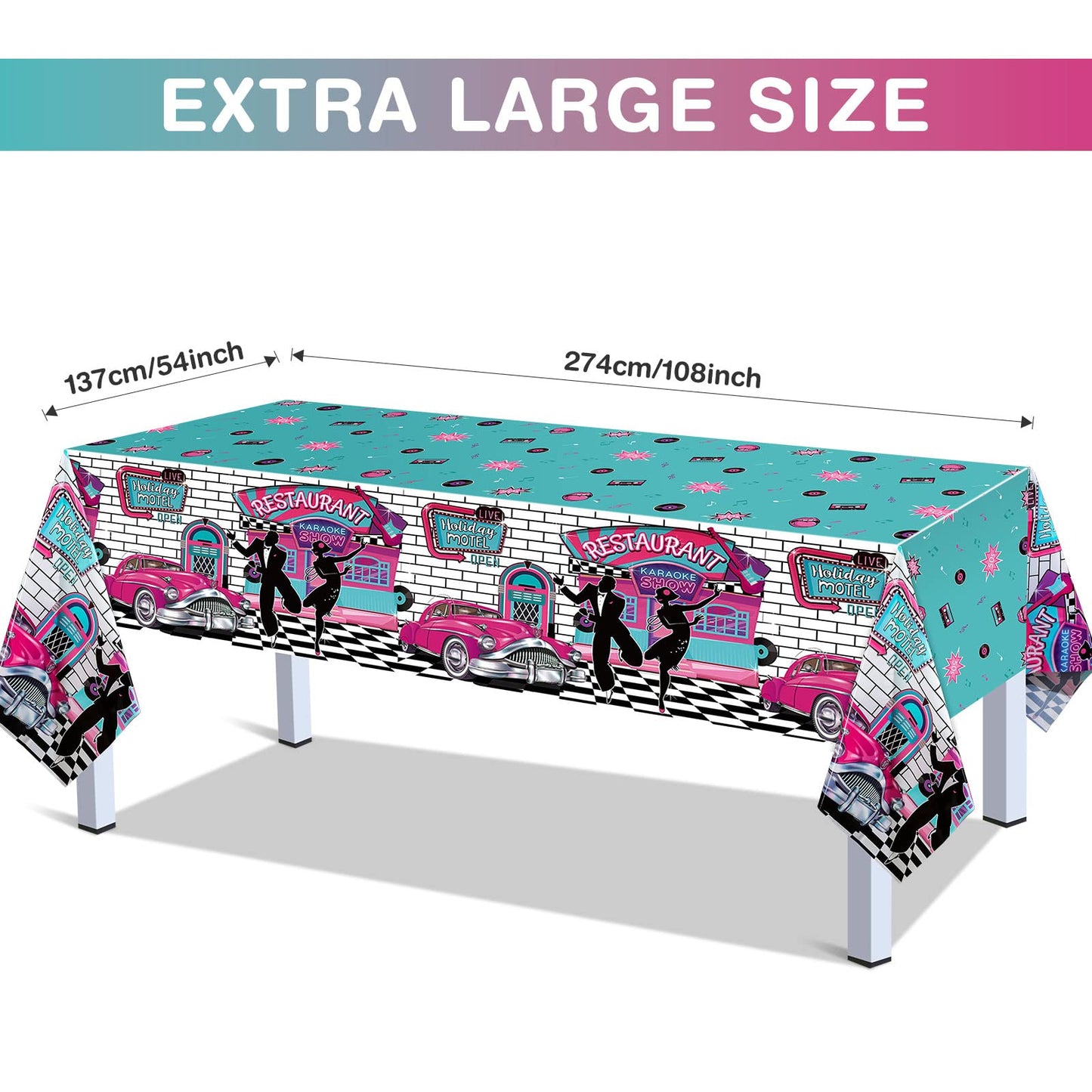 3 Pieces 50s Tablecloth 50s Party Decorations Rock and Roll Party Table Cover Large 1950s Plastic Tablecloth Back to 50s Rock