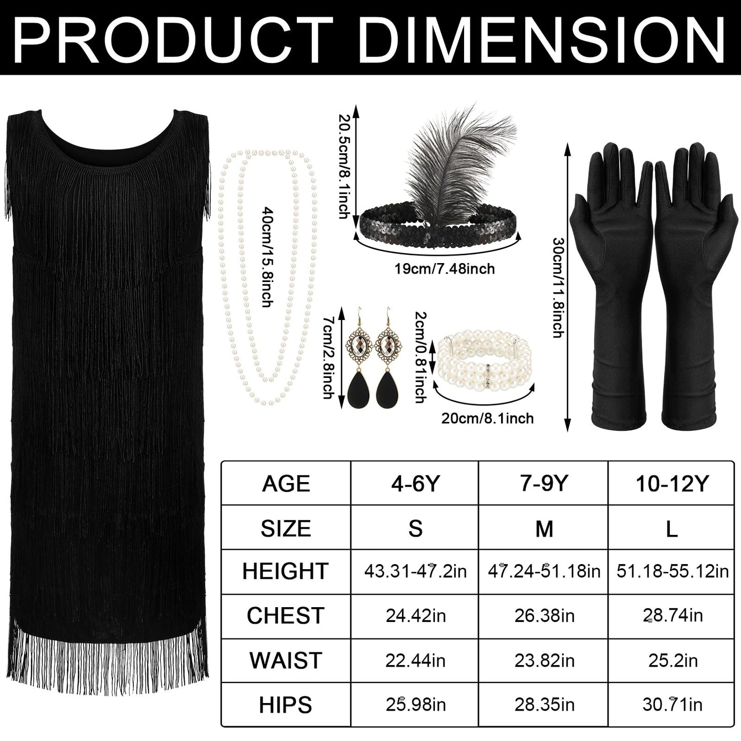 Xaatren 6 Pcs Girls 20'S Flapper Dresses Costume Set For Kids Aged 4-12 Fringed 1920'S Costume Accessories Halloween Costumes(La