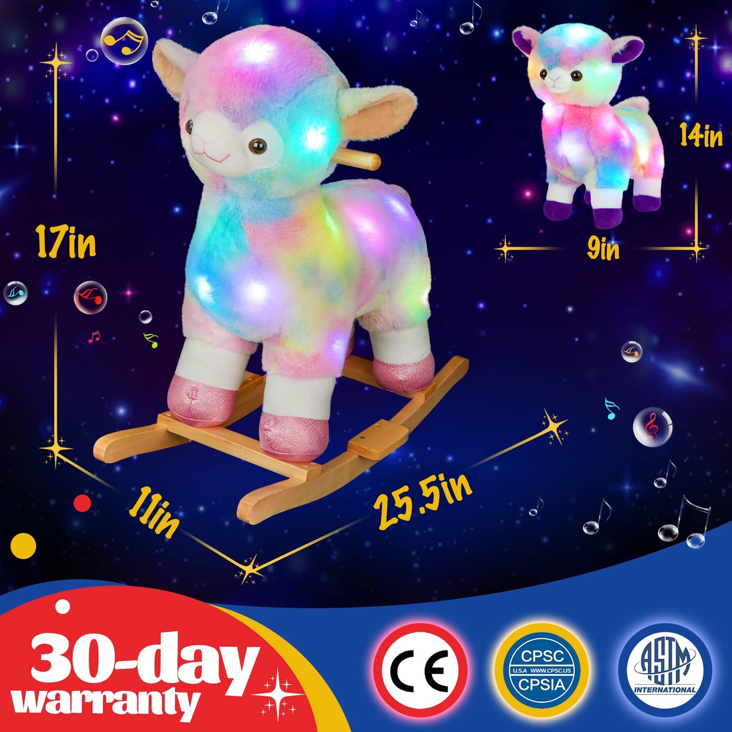 Light Up Musical Alpaca Baby Rocking Horse Set of 2 with Chair, Glowing Rainbow Llama Plush Stuffed Animal Rocker for Toddlers 1