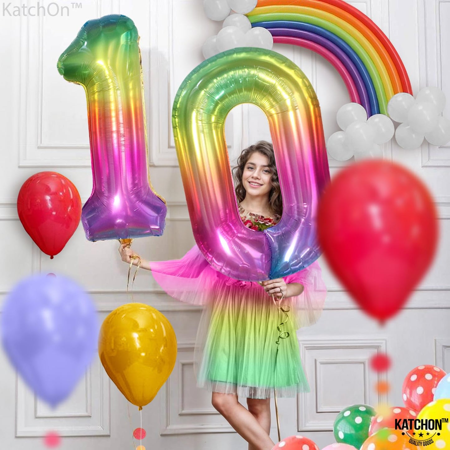KatchOn, Giant Rainbow 10 Balloon Number - 40 Inch | 10th Birthday Decorations | Rainbow 10th Birthday Balloons for 10 Birthday