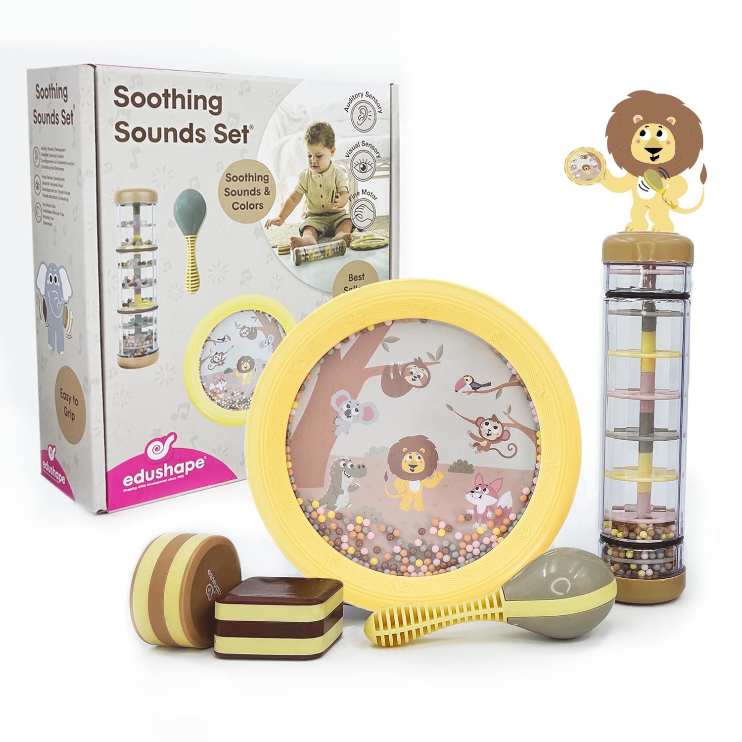 Edushape Soothing Sounds Gift Set - Baby Musical Instruments & Toddler Music Set - Includes Hand Drum, Rain Stick, Shakers, Maracas - Interactive Baby Musical Toys For Kids & Toddlers 18 Months & Up