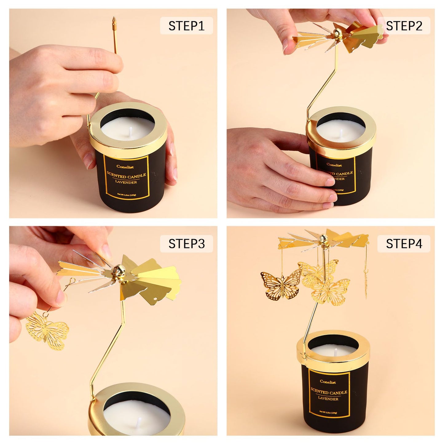 Conelist 4 Pack Christmas Butterfly Candle Gift for Women Hummingbird Rose Moon Cat Lavender Rose Scent Spinning Candle Rotatabl