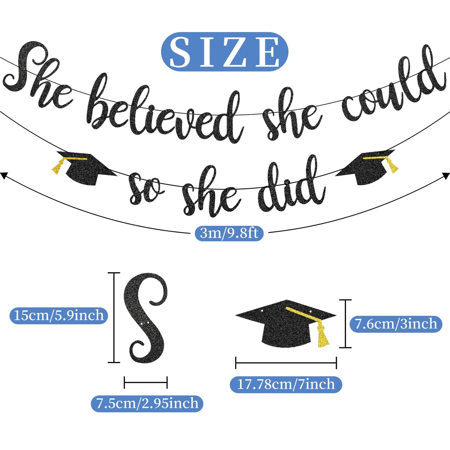 She Believed She Could So She Did Banner Decorations - Black Glitter She Did It 2024 Garland Graduation Bunting Banner, Congrats