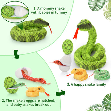 Tezituor Giant Green Boa Constrictor Plush Toy, 80 Realistic Stuffed Animal with 3 Babies & 2 Eggs - Perfect Gift for Boys & Girls