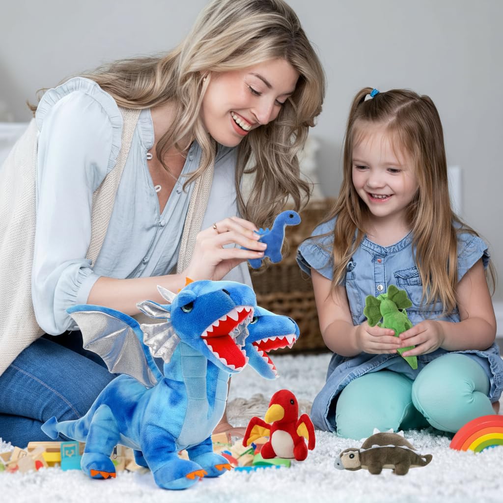 Tezituor Double Headed Dragon Stuffed Animals, 5 PCs Stuffed Dinosaur Plush Toys Set, Mommy Dragon with 4 Baby Dinosaurs Plushie