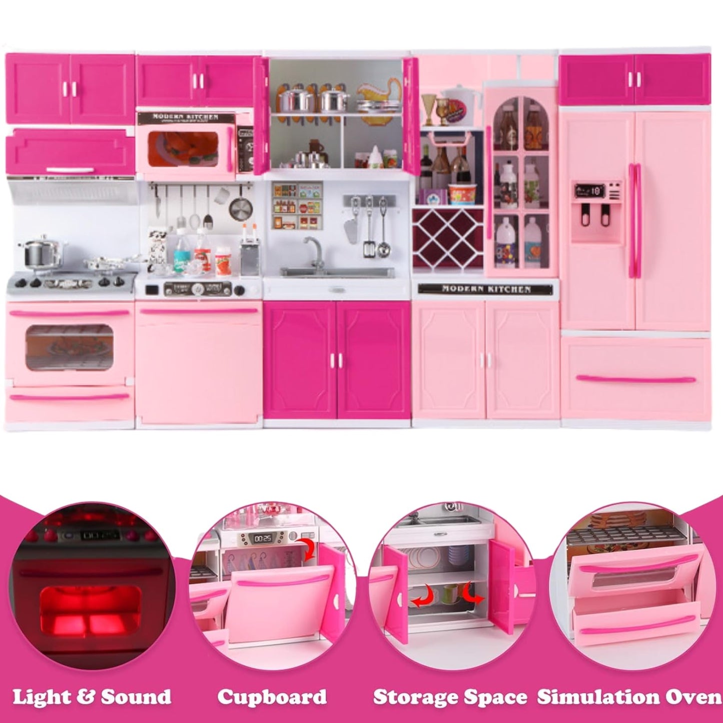 Liberty Imports Doll Kitchen Playset for Kids - 5-in-1 Mini Kitchen Set, Pink, Small, with Realistic Lights & Sounds