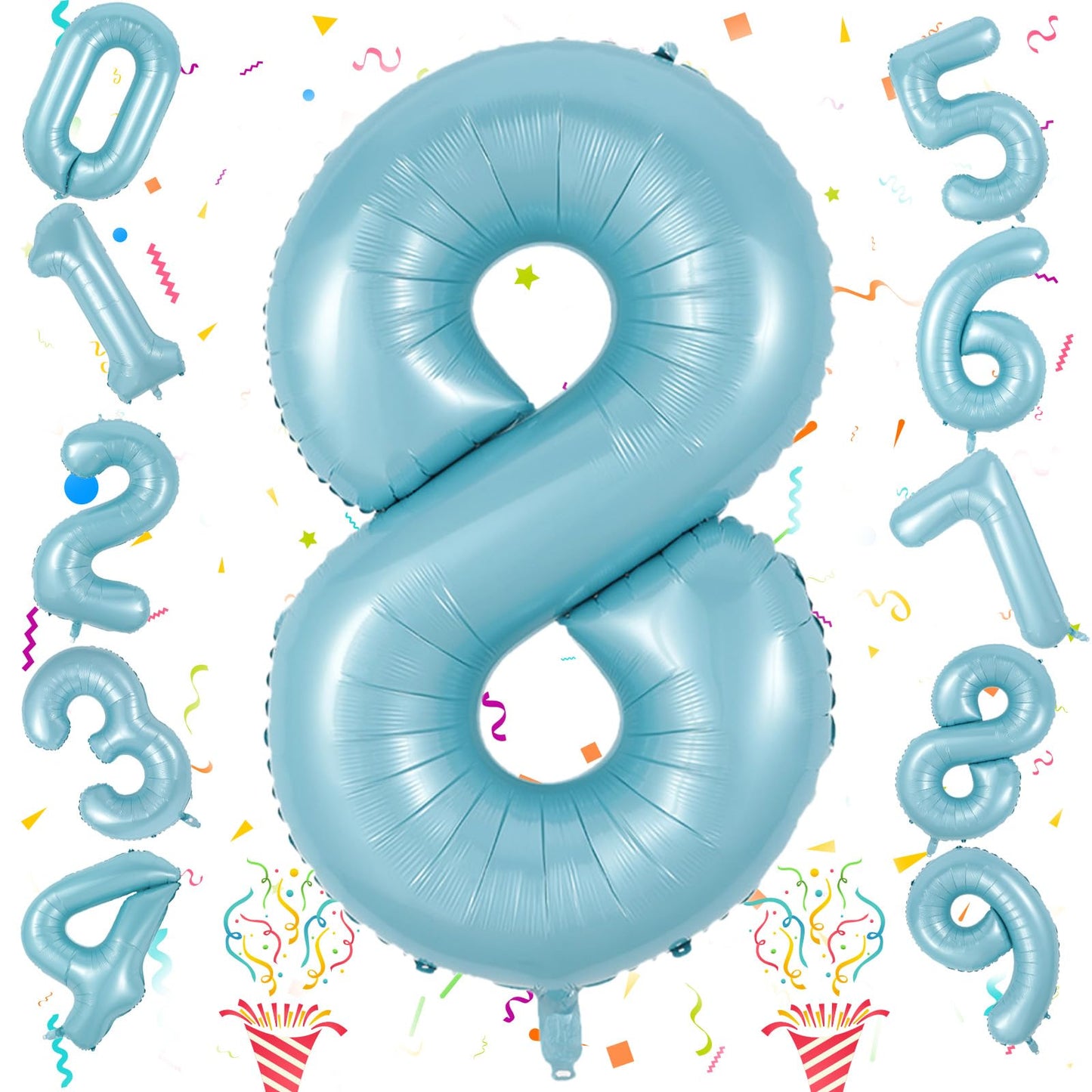8Th Birthday Number Balloons For Kids, 40 Inch Foil Number 8 Balloons Baby Pastel Blue, Helium Large Self Inflating Mylar 8 Ball