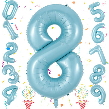 8Th Birthday Number Balloons For Kids, 40 Inch Foil Number 8 Balloons Baby Pastel Blue, Helium Large Self Inflating Mylar 8 Ball