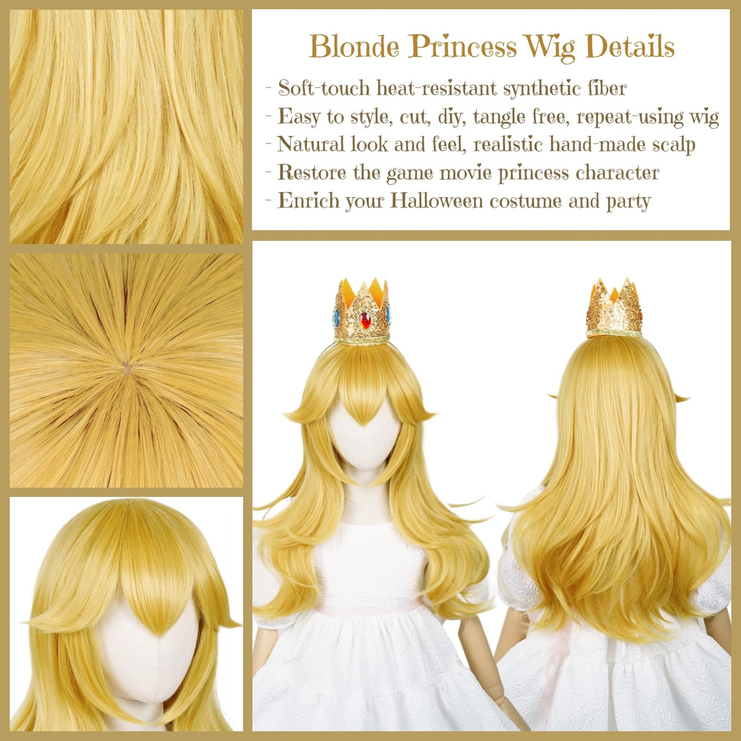 Princess Wig Blonde Wigs For Kids Girls, 22 Inch Long Golden Curly Kids' Cosplay Wave Wig With Crown Headband + Ear Clips + Broo
