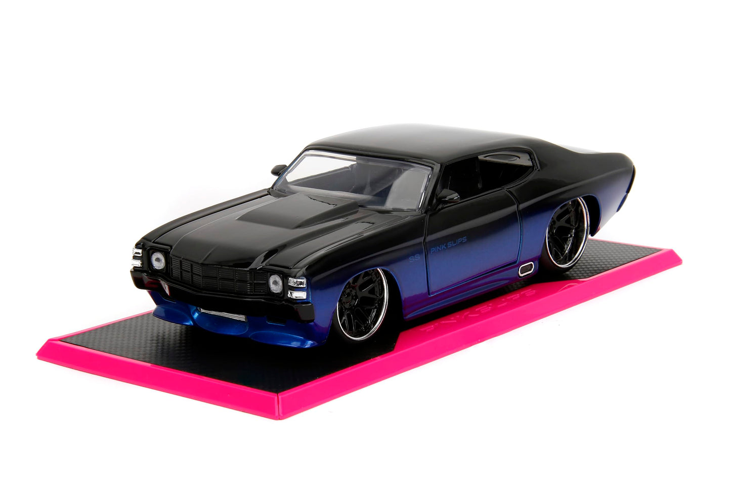 Pink Slips 1:24 W5 1971 Chevy Chevelle SS Die-Cast Car w/Base, Toys for Kids and Adults(Blue/Black Gradient)