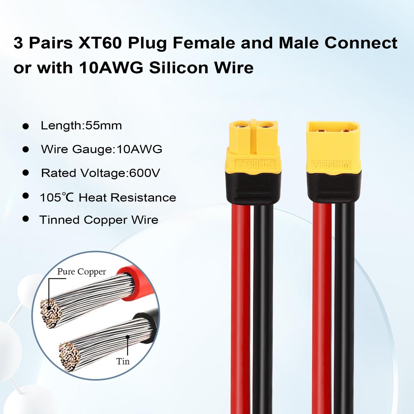 MOOKEERF 3 Pairs XT60 Plug Female and Male Connector with 55mm 10AWG Silicon Wire for RC Lipo Battery FPV Racing Drone
