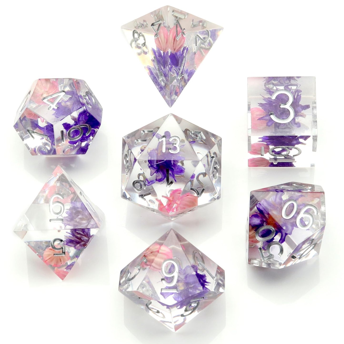 PJOY DND Sharp Edged Dice Set, 7pcs Pink and Purple Flower DND Dice Set Resin D&D Polyhedral Dice with Dice Case for Role Playin