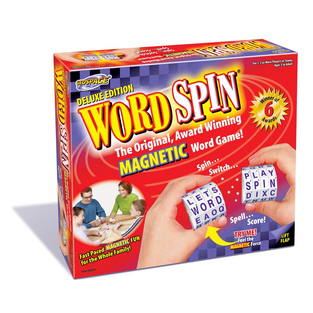 Geospace Word Spin Deluxe Family Edition for mature-themeds & Kids - The Award Winning Magnetic Word Game with 20 Magnetic Spin Wheels  Timer & Score Pad - Birthday Parties & Game Night Fun!