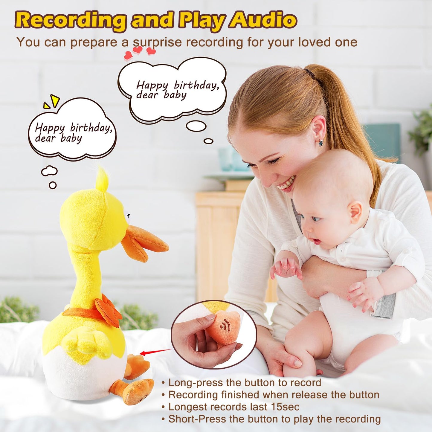 13' Eggshell Talking Dancing Duck, Repeating What You Say Mimicking Recording Plush Baby Toy Musical Songs Singing Talking Glowing Animated Twisting Gifts Of Lighting Up Funny Toys For Toddler Kids