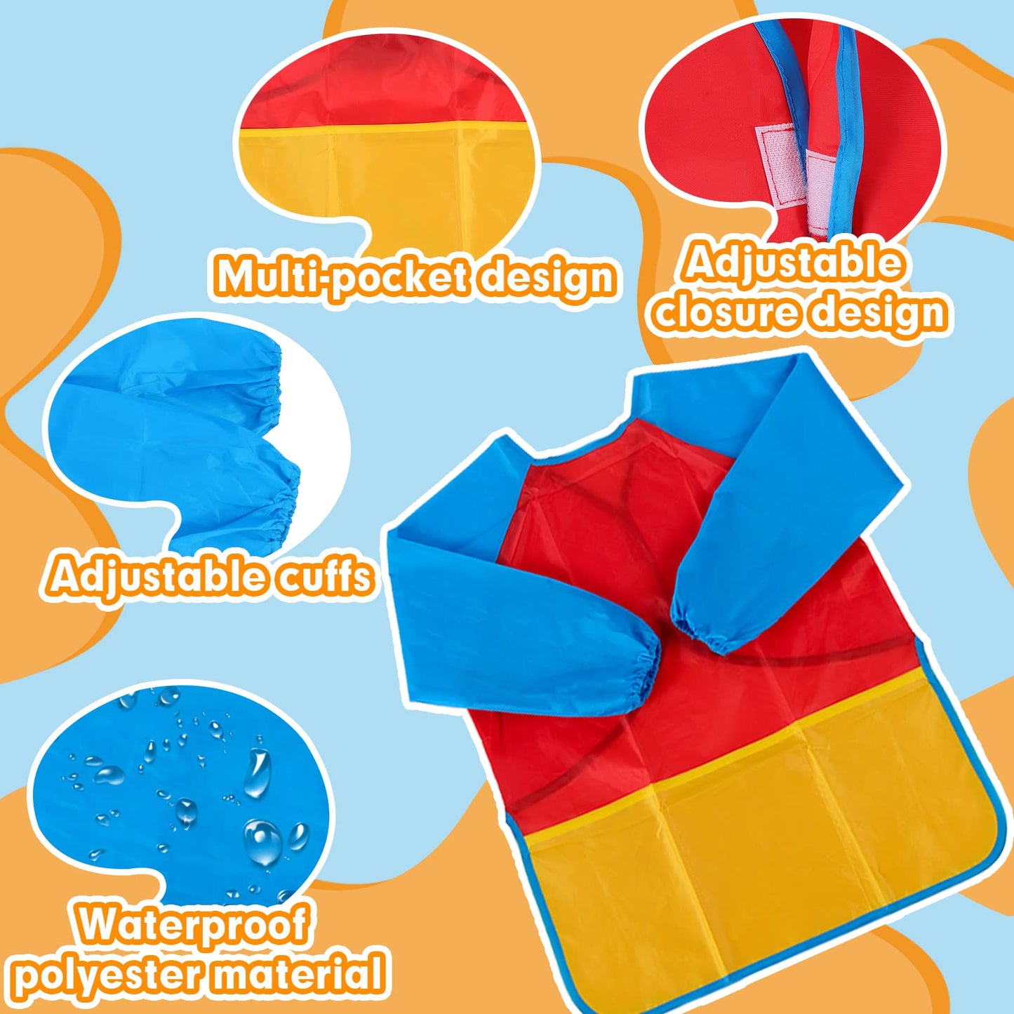 Zkptops Kids Art Smocks 18 Pack Waterproof Long Sleeve Aprons for Ages 3-7, Medium, Polyester