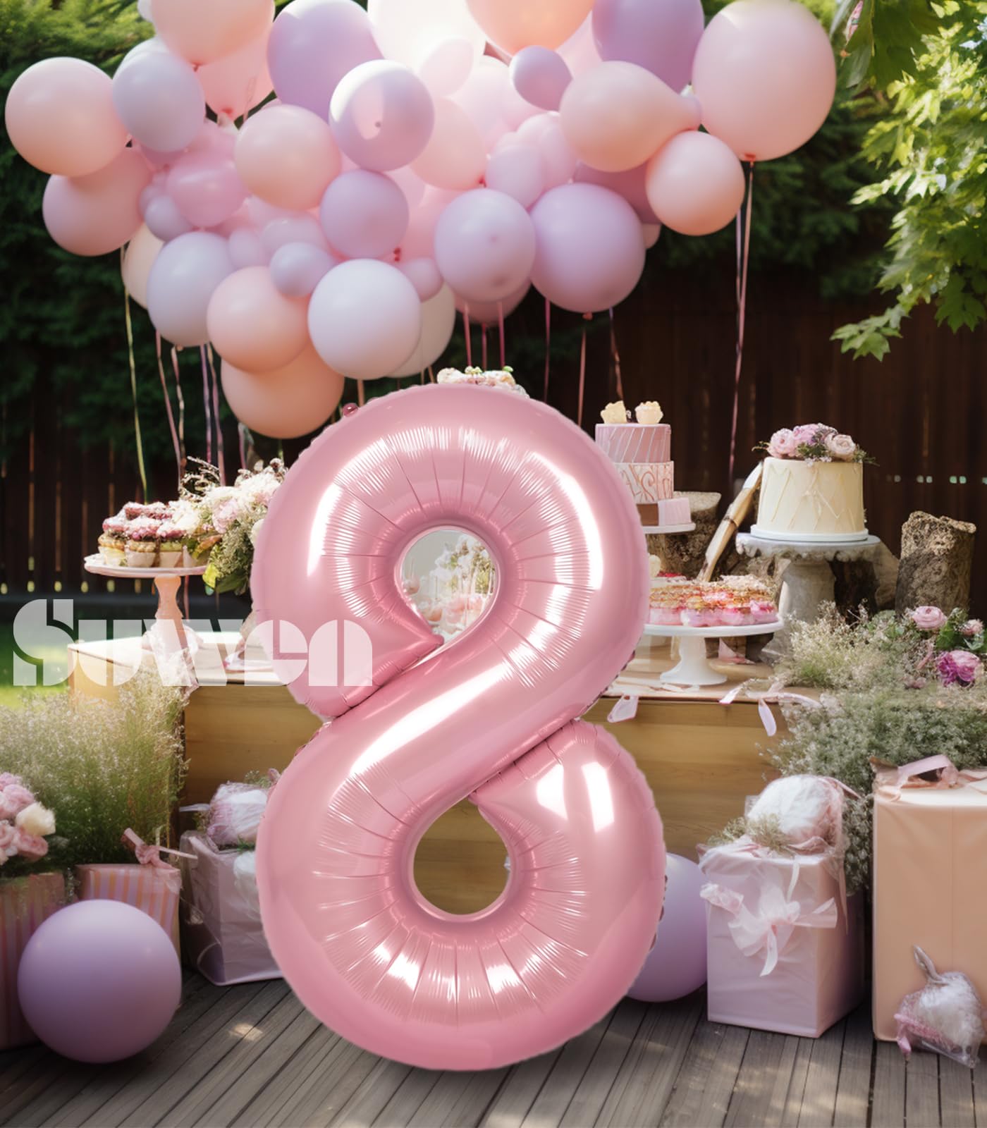 SUWEN 40 Inch Pink Foil Number 8 Balloon, Jumbo Mylar Birthday Party Decoration, Vinyl, 0-9 Happy 8th Anniversary Supplies