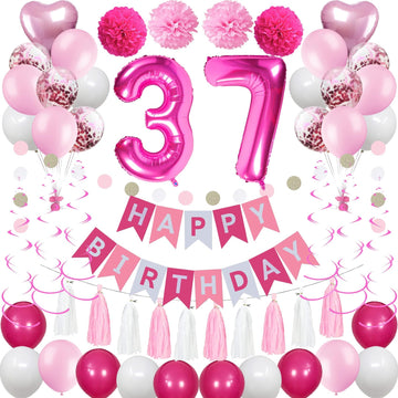 Sweet 37Th Birthday Decorations For Women, Pink And White 37 Happy Birthday Balloons, 37Th Birthday Party Supplies Including Pin