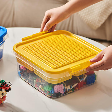 Toys Storage Organizer Bins For Lego, Building Blocks Storage With Building Baseplate Lid, Storage Containers For Building Brick Storage Plastic Stackable Organizer Bin Toy Chest (Yellow)