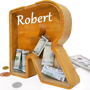 Custom Wooden Piggy Bank, ( Laser Engraved Name) Creative Twenty-Six English Alphabet Letter Storage Tank Personalized Letter Coin Bank Customized Wood Toy Diy Name Letter Kids Money Bank (R)