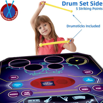 Qshark 2 In 1 Kids Music Learning Toys For Boys Girls, Drum Set + Piano Mat | Record & Playback, Built-In Songs, 8 Instrument So