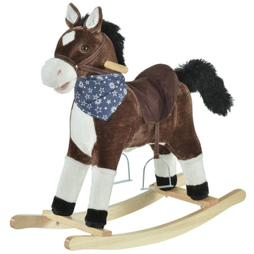 Qaba Kids Plush Ride-On Rocking Horse Toy Cowboy Rocker With Fun Realistic Sounds For Child 3-6 Years Old, Brown