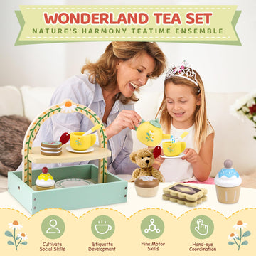 Wooden Tea Sets for Little Girls 1-3 Play Food Cake Toys Toddlers 3-5 Kitchen Accessories Pretend Play Princess Playset for 2 3
