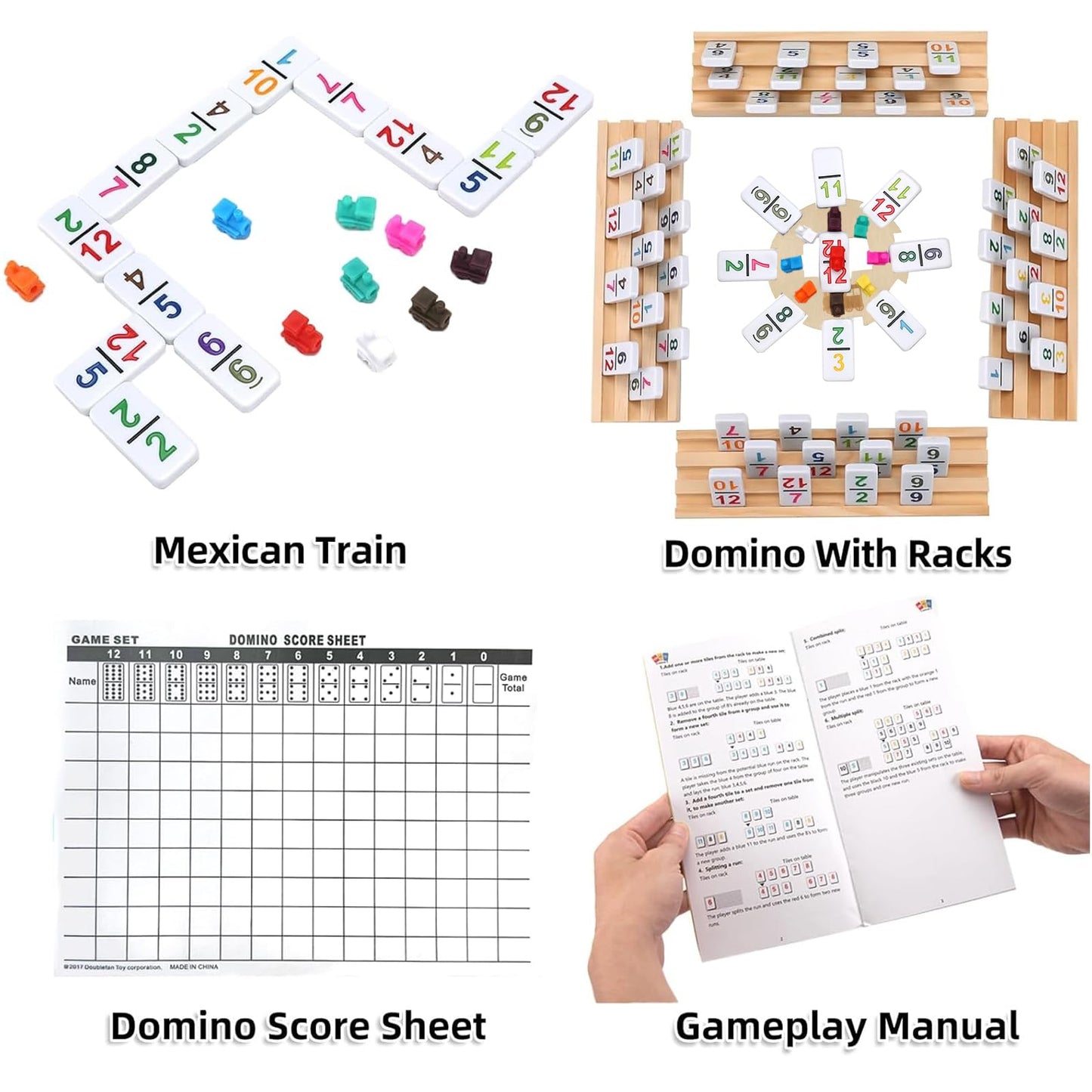 Double 12 Mexican Train Dominoes Set With 8 Wooden Racks & 91 Number Tiles Portable Travel Board Game For Kids And Adults Family