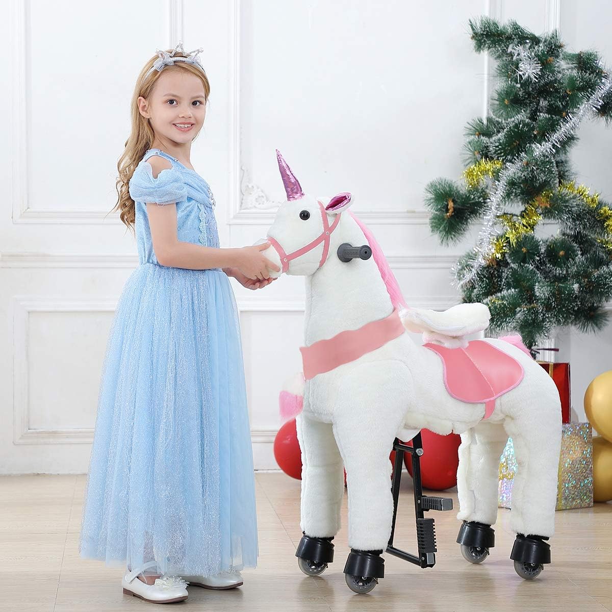 PONYEEHAW Ride on Unicorn Toys  Kids Riding Unicorn Toys Ride on Toys for 6-14 Years Old  enhanced Plush Animals Toys Walking Unicorn with Wheels (White and Pink  31.5 L x 13 W x 36.2 H)