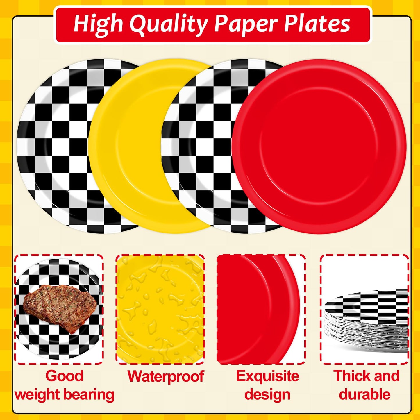 48 Pcs Racing Car Party Paper Plates for Race Car Birthday Party Supplies 7 Red Yellow Black White Checkered Disposable Plates R
