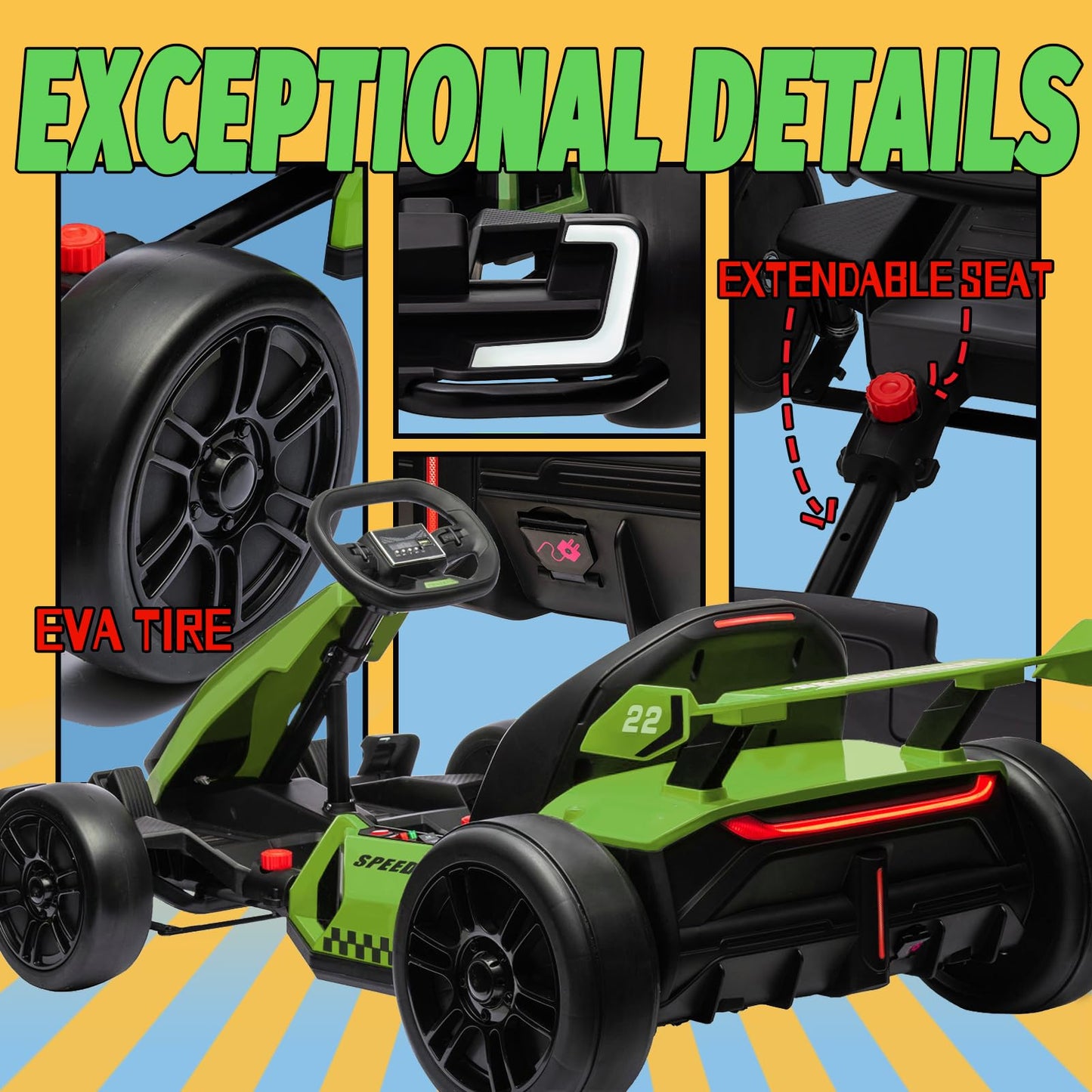 Kerry Yoo Go Kart Electric Drift Kart Car With Adjustable Seat, 24V Outdoor Ride On Toy With 4 Speed Mode, Crazy Cart For Kids 6