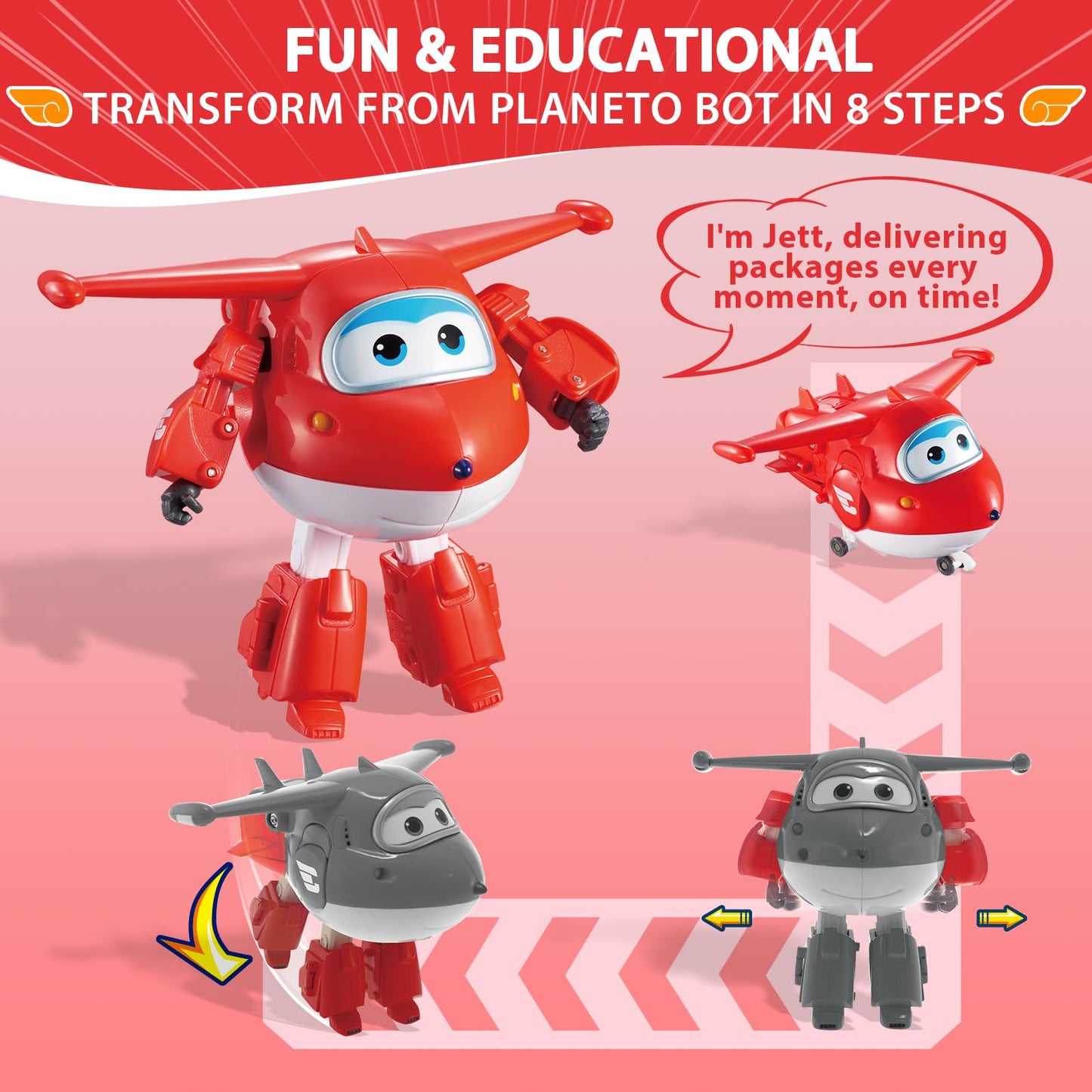 Super Wings Transformer Toys - 5" Jett Airplane Rescue Bots - Red Plastic Action Figures for Kids Age 3-7 - Model 710210