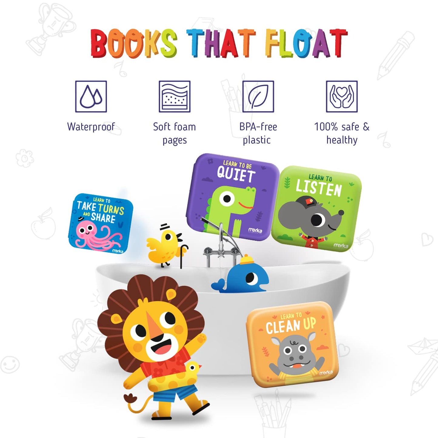 Merka Baby Bathtub Bath Toys For Toddler Baby Bath Toys Baby Books 4 Plastic Book Take Turns Clean Up Listen Be Quiet Perfect Baby Gifts For Sharing And Learning